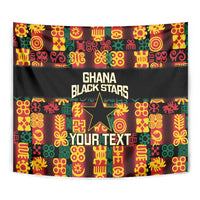 Close-up black Ghana Black Stars tapestry with multicolor Adinkra pattern and YOUR TEXT