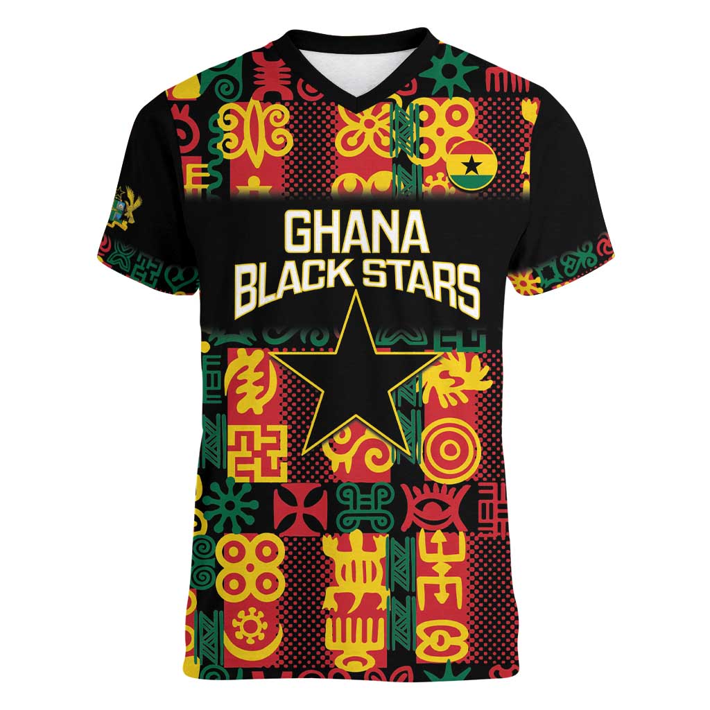 Custom Ghana Football Women V-Neck T-Shirt 2025 Go Black Stars Adinkra pattern