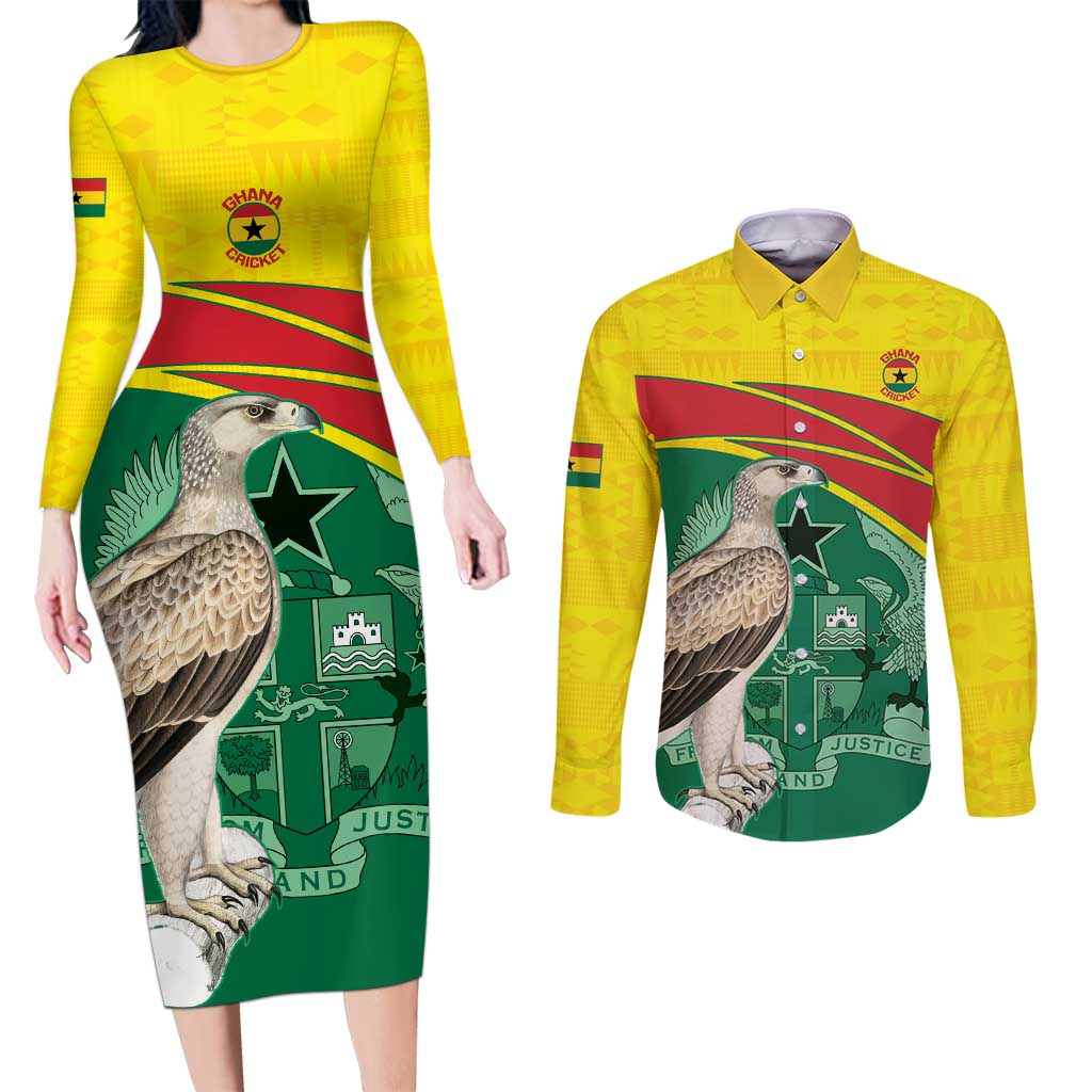 Custom Ghana Cricket Couples Matching Long Sleeve Bodycon Dress and Long Sleeve Button Shirt Go Ghanaian Tawny Eagle