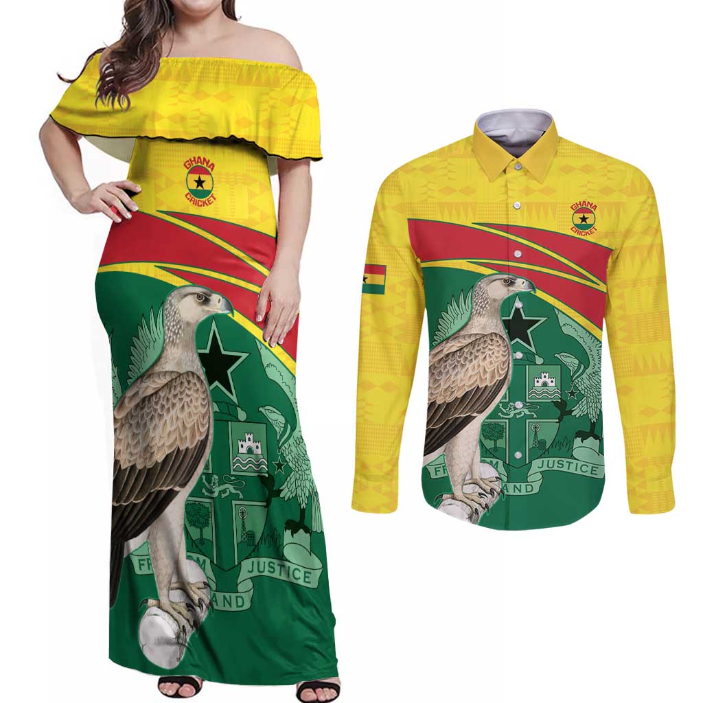 Custom Ghana Cricket Couples Matching Off Shoulder Maxi Dress and Long Sleeve Button Shirt Go Ghanaian Tawny Eagle