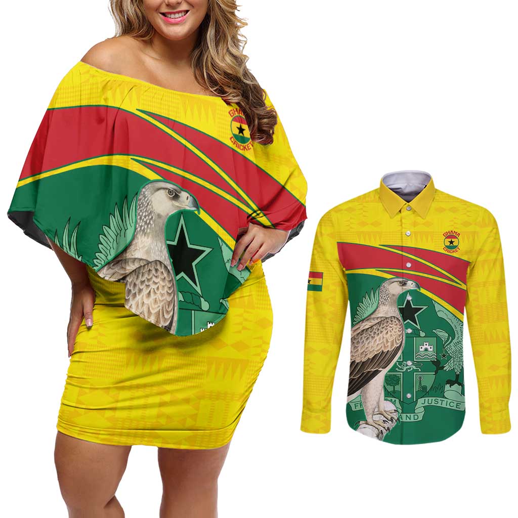 Custom Ghana Cricket Couples Matching Off Shoulder Short Dress and Long Sleeve Button Shirt Go Ghanaian Tawny Eagle