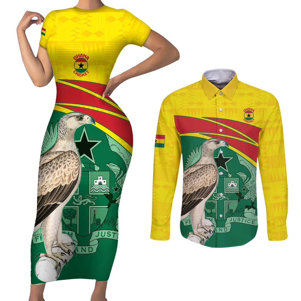 Custom Ghana Cricket Couples Matching Short Sleeve Bodycon Dress and Long Sleeve Button Shirt Go Ghanaian Tawny Eagle