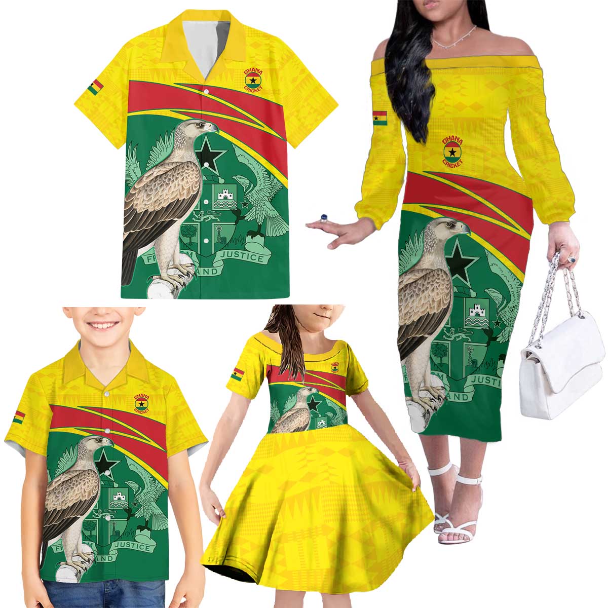 Custom Ghana Cricket Family Matching Off The Shoulder Long Sleeve Dress and Hawaiian Shirt Go Ghanaian Tawny Eagle