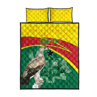 Ghana quilt bed set with two yellow pillows and quilt, green-red stripes, eagle, YOURTEX