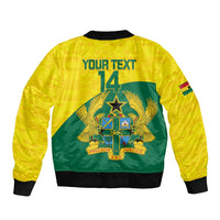 Yellow zip bomber jacket back with black ribbed trim, crest, 'YOUR TEXT' '14'