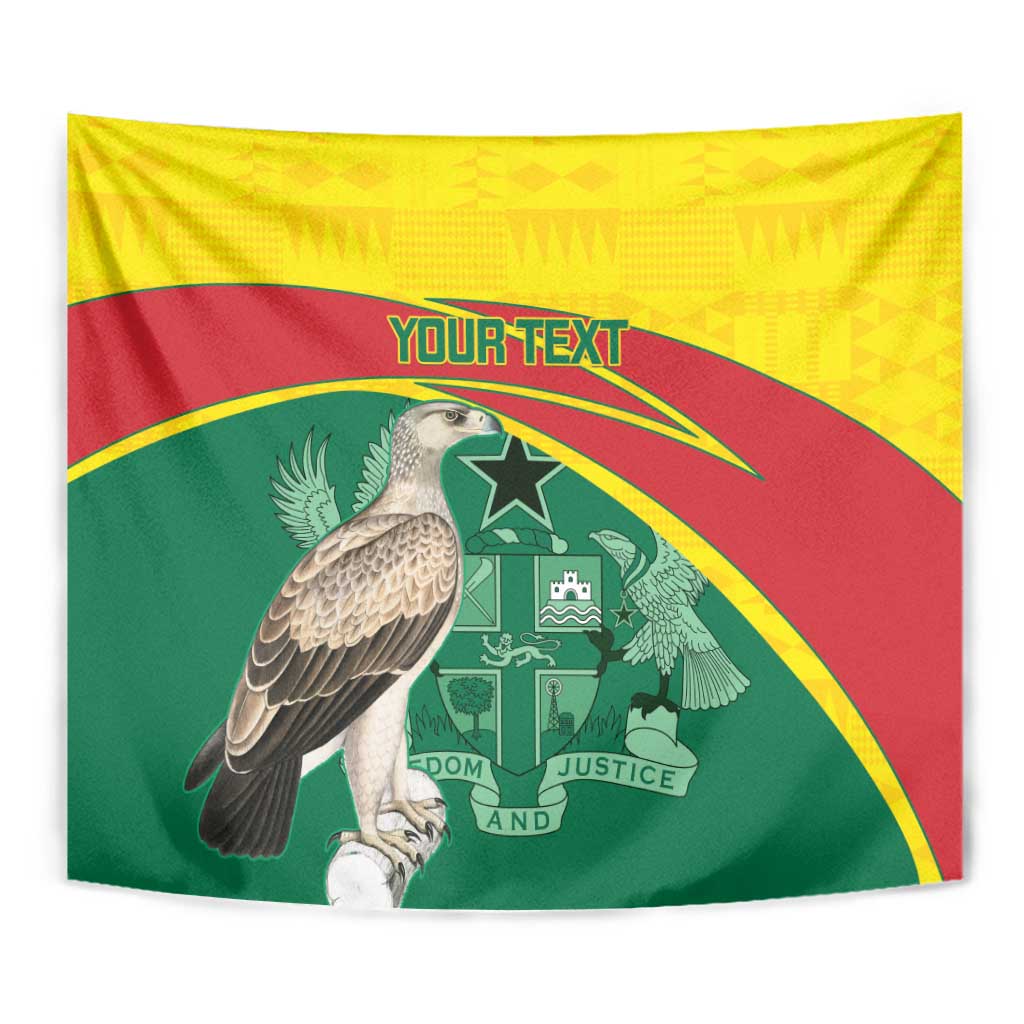 Close-up Ghana eagle flag tapestry with custom 'YOUR TEXT' and gold ring details
