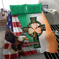 Eagle and Celtic cross comforter with green pillowcases in blue, red, and orange panels
