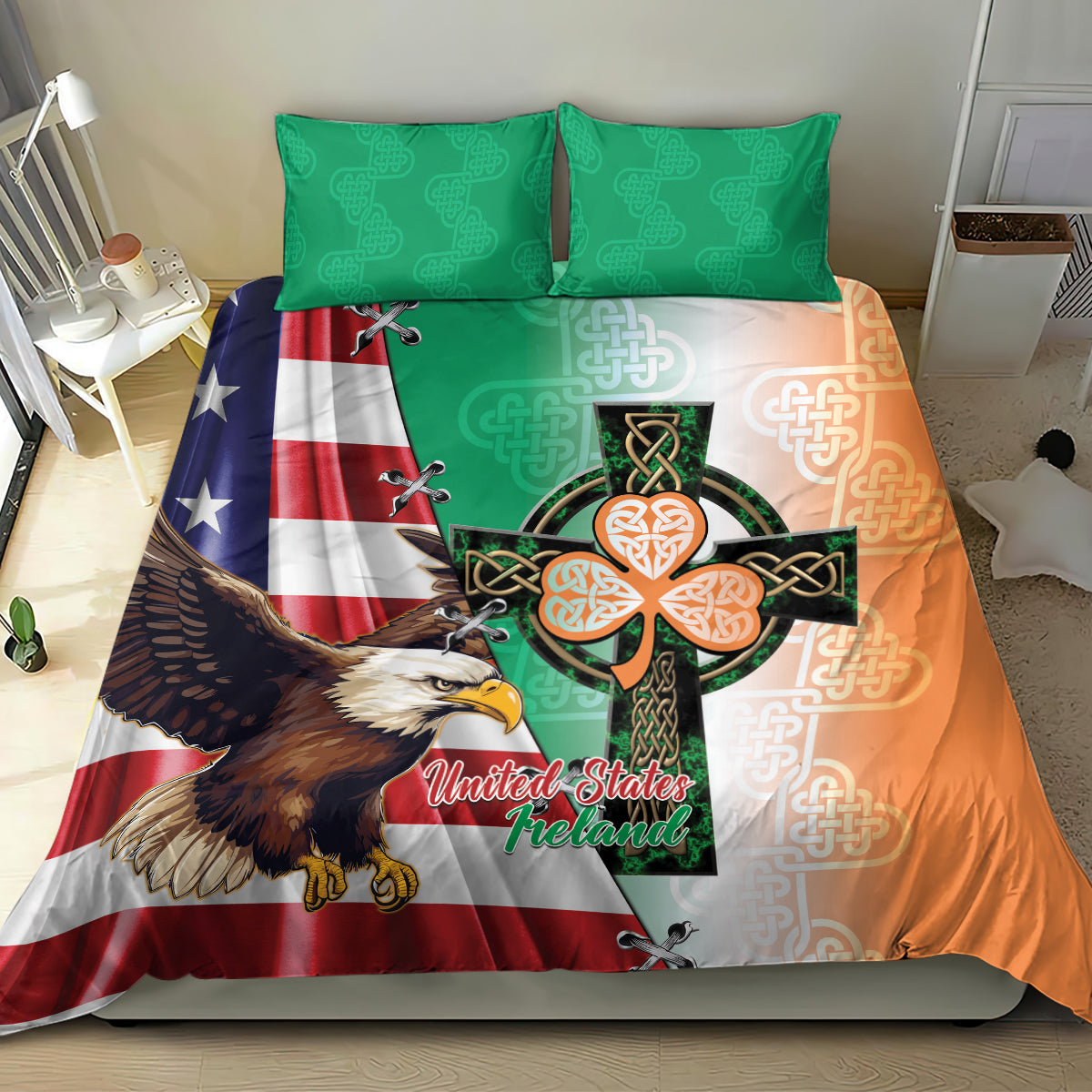 Bedding set featuring eagle and Celtic cross design with green top and orange side bedding