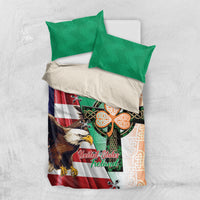 Eagle and Celtic cross bedding set with folded green pillowcases on patterned comforter
