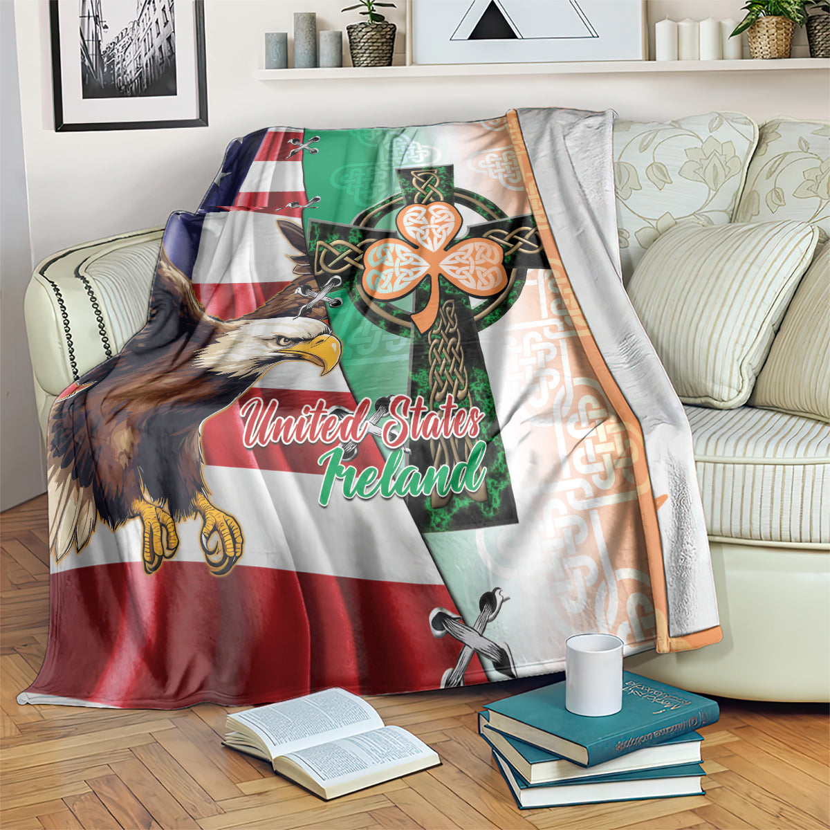 Multi-color decorative blanket with eagle and Celtic cross design, draped on sofa
