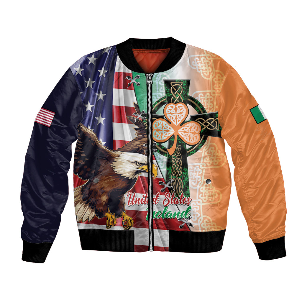 Unisex blue and orange zip-front bomber jacket with eagle graphic and Celtic cross, ribbed cuffs
