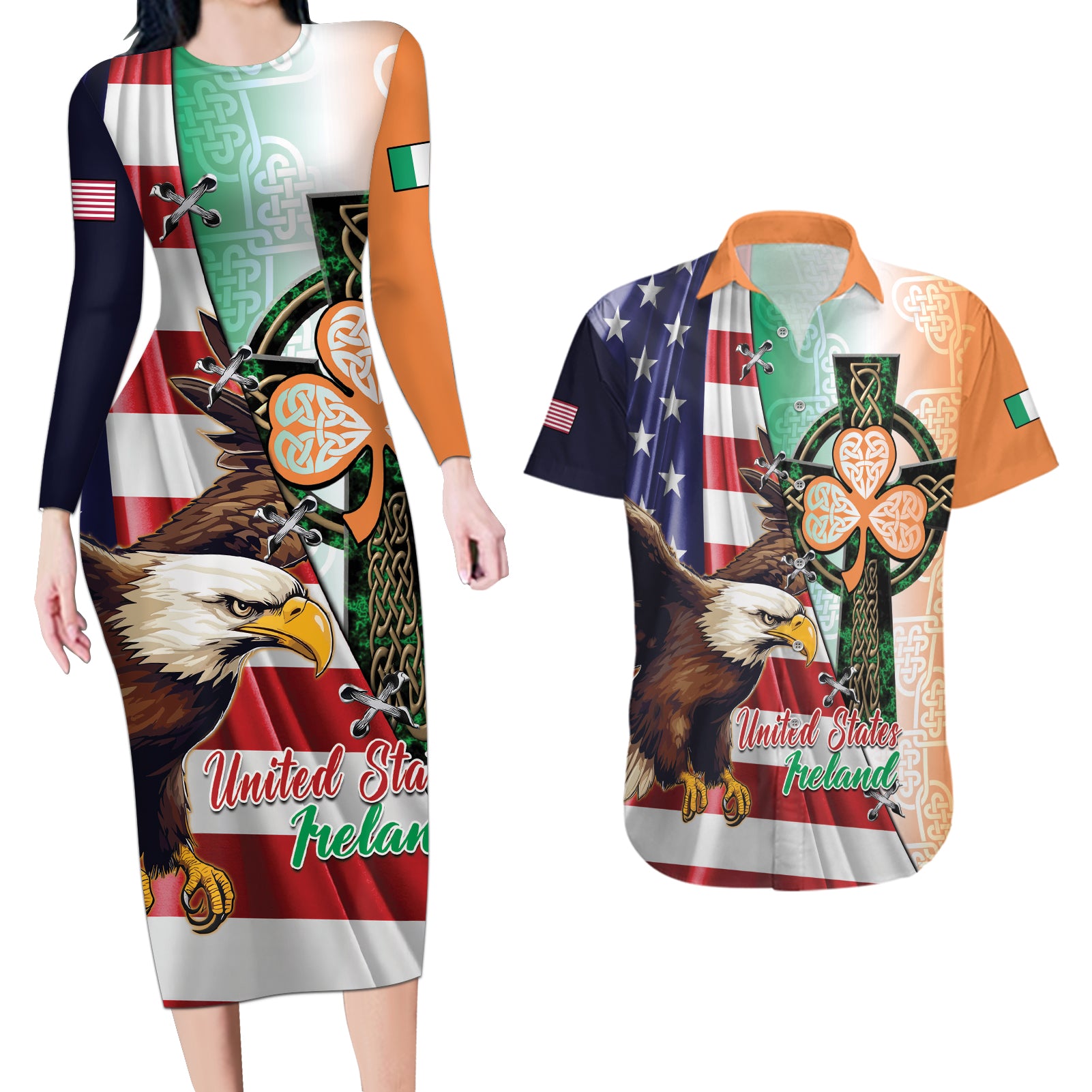 United States And Ireland Couples Matching Long Sleeve Bodycon Dress and Hawaiian Shirt USA Eagle With Irish Celtic Cross - Wonder Print Shop