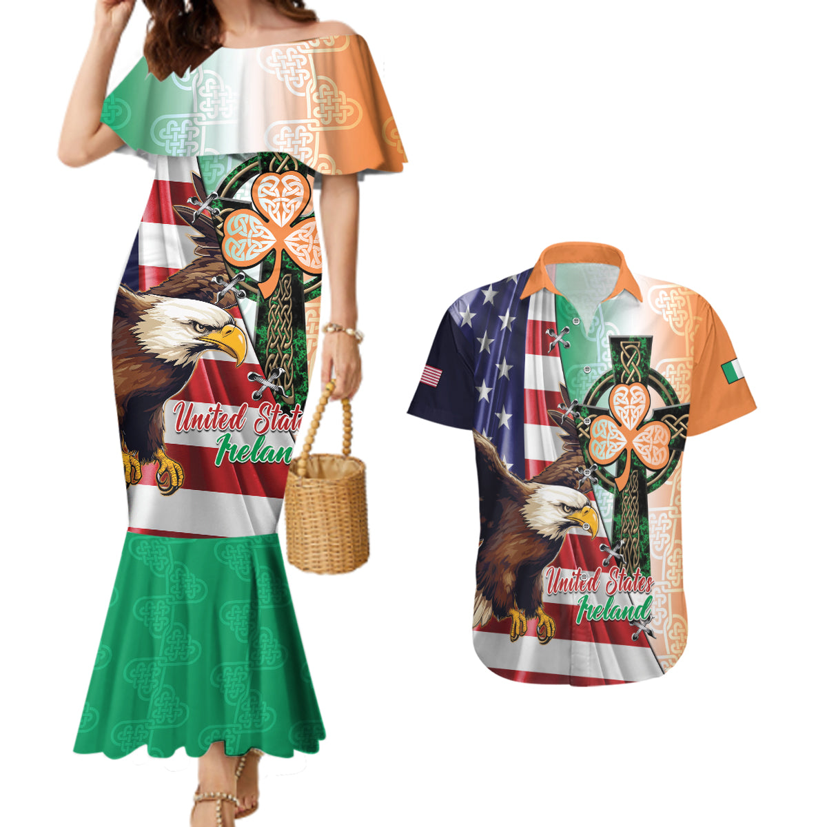 United States And Ireland Couples Matching Mermaid Dress and Hawaiian Shirt USA Eagle With Irish Celtic Cross - Wonder Print Shop