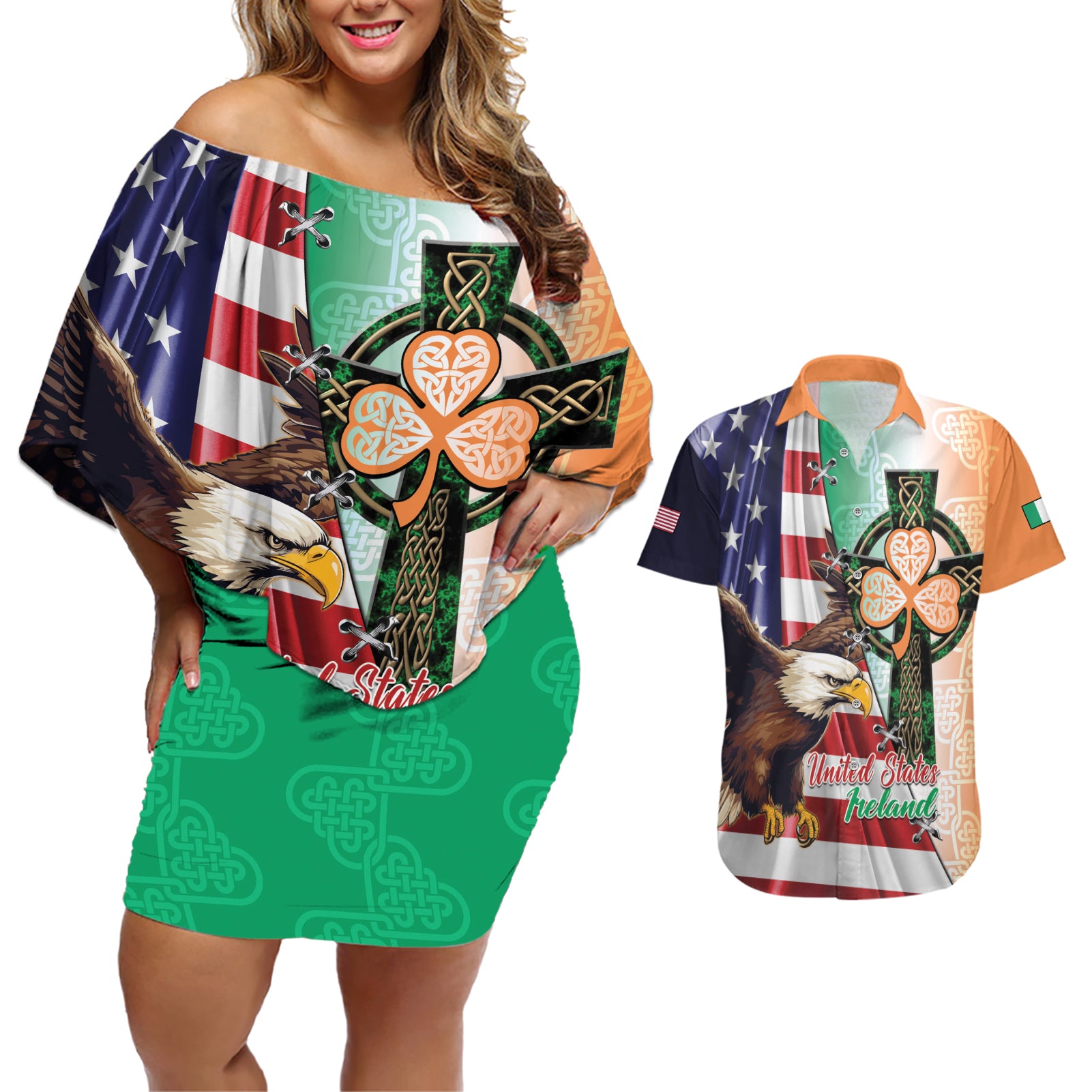 United States And Ireland Couples Matching Off Shoulder Short Dress and Hawaiian Shirt USA Eagle With Irish Celtic Cross - Wonder Print Shop