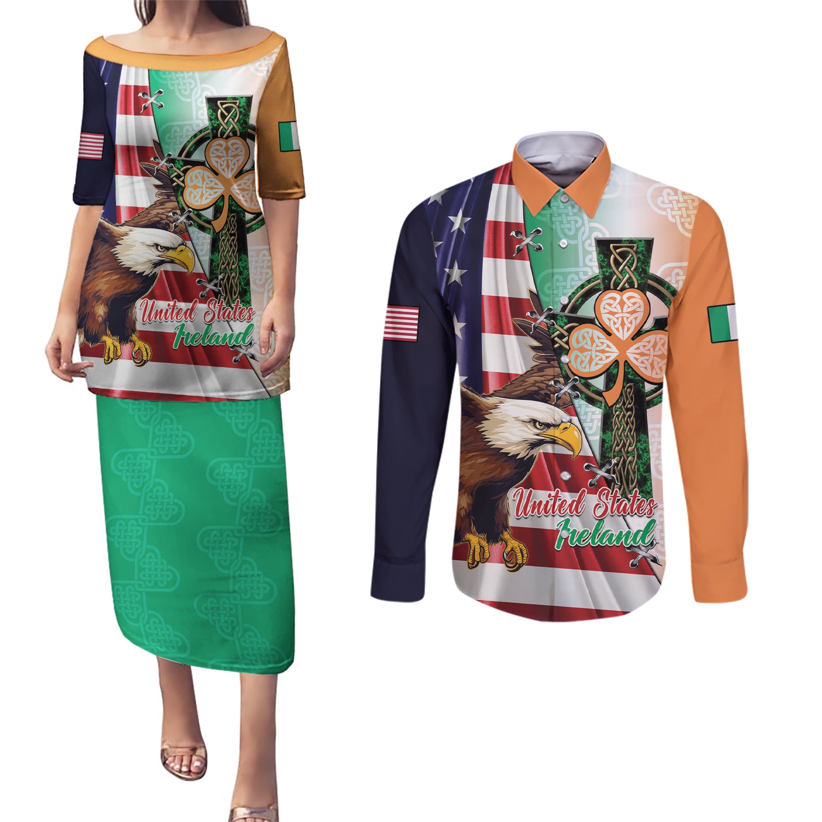 United States And Ireland Couples Matching Puletasi and Long Sleeve Button Shirt USA Eagle With Irish Celtic Cross - Wonder Print Shop