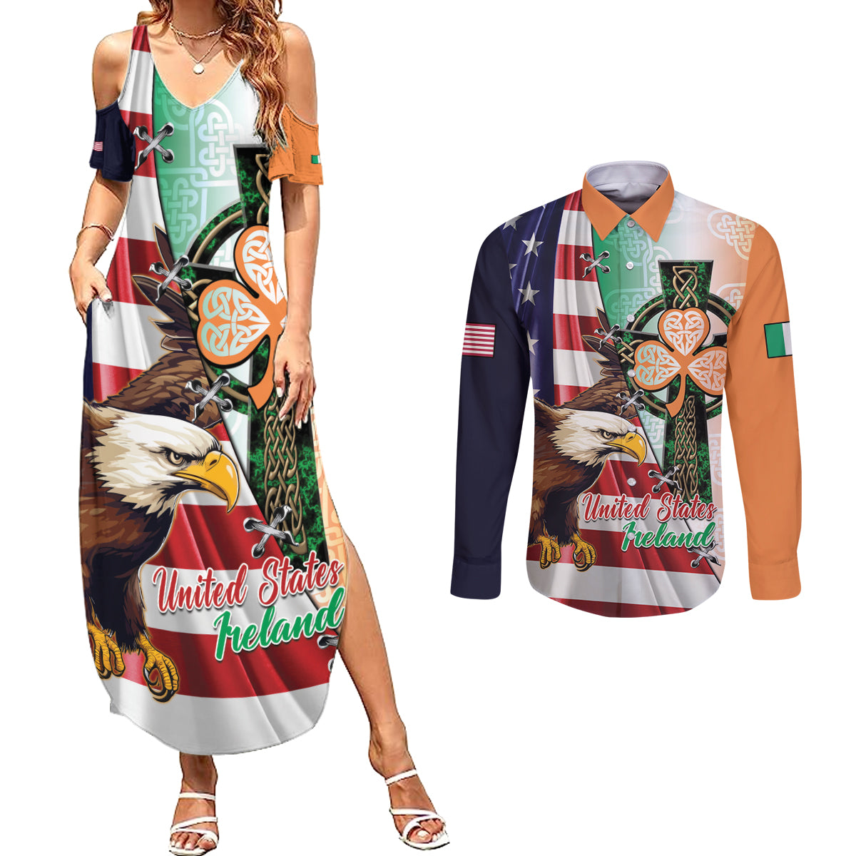 United States And Ireland Couples Matching Summer Maxi Dress and Long Sleeve Button Shirt USA Eagle With Irish Celtic Cross - Wonder Print Shop