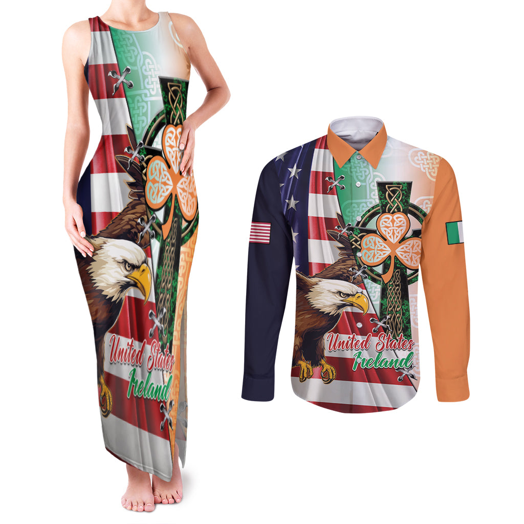 United States And Ireland Couples Matching Tank Maxi Dress and Long Sleeve Button Shirt USA Eagle With Irish Celtic Cross - Wonder Print Shop