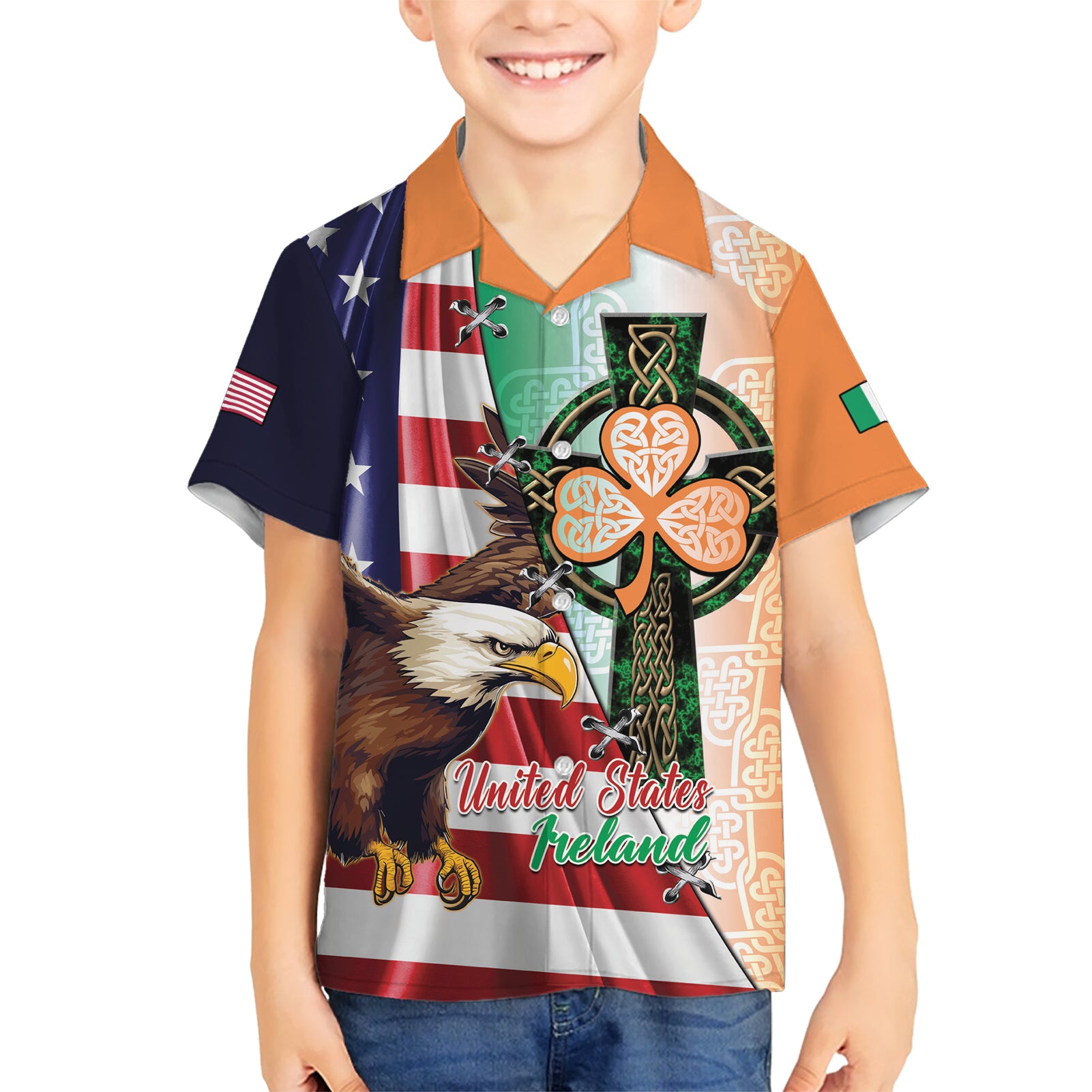 United States And Ireland Kid Hawaiian Shirt USA Eagle With Irish Celtic Cross - Wonder Print Shop