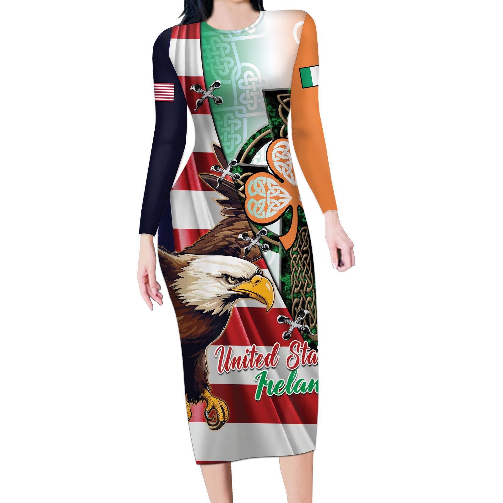 United States And Ireland Long Sleeve Bodycon Dress USA Eagle With Irish Celtic Cross - Wonder Print Shop