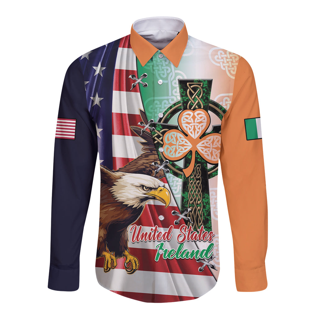 Unisex long-sleeve button shirt with eagle and Celtic cross USA flag print