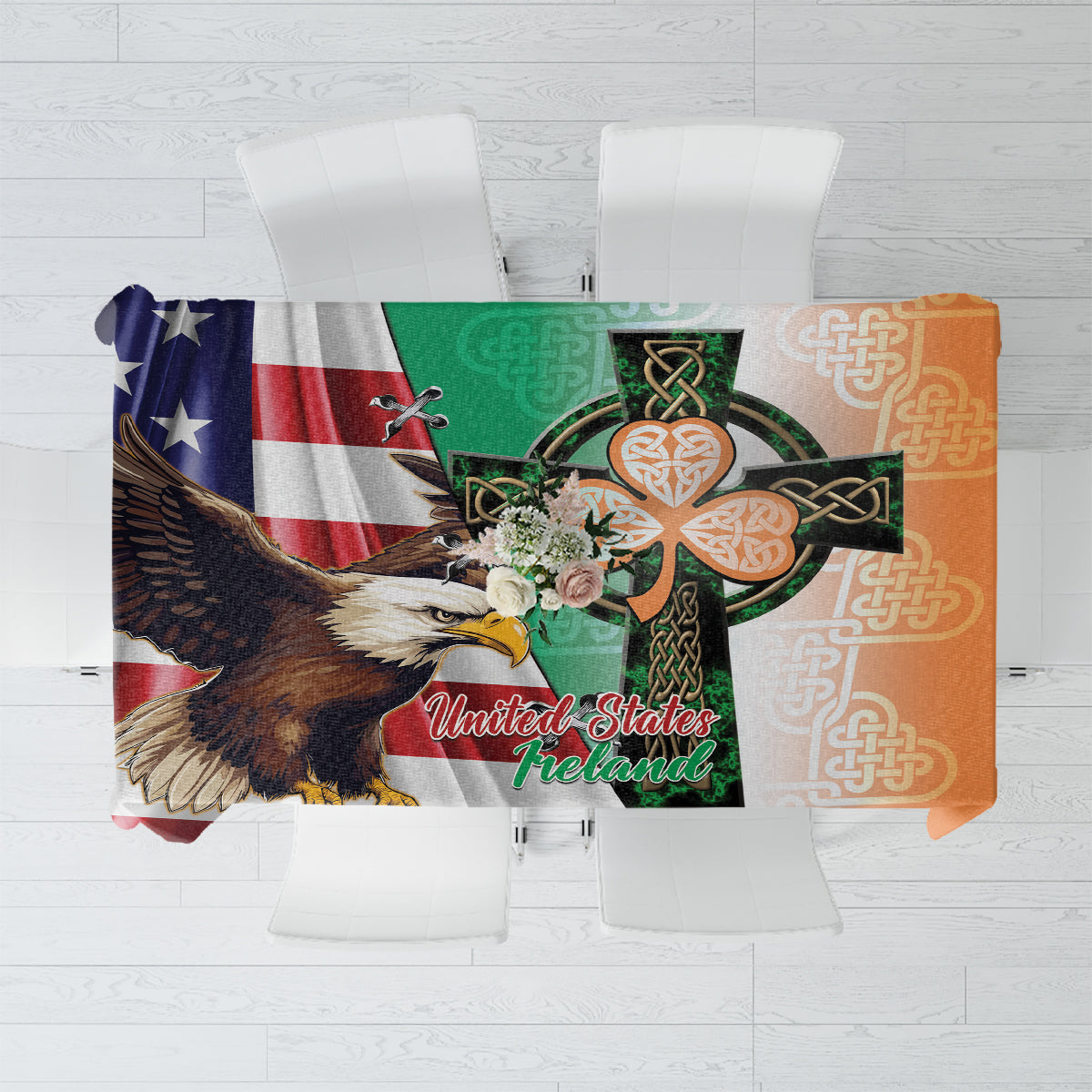 Folded tablecloth showing eagle, Celtic cross, and 'United States Ireland' text
