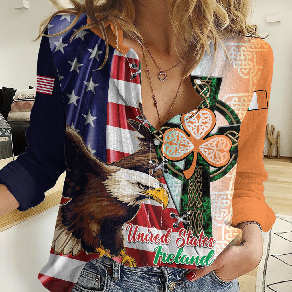 United States And Ireland Women Casual Shirt USA Eagle With Irish Celtic Cross