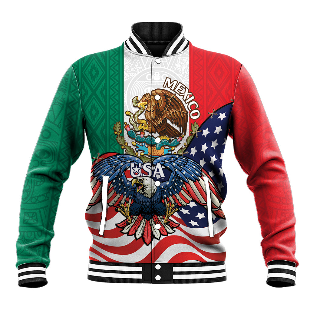 Mens varsity baseball jacket with tri-color green red and white, eagle graphic front