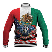 Mens varsity baseball jacket with tri-color green red and white, eagle crest back design