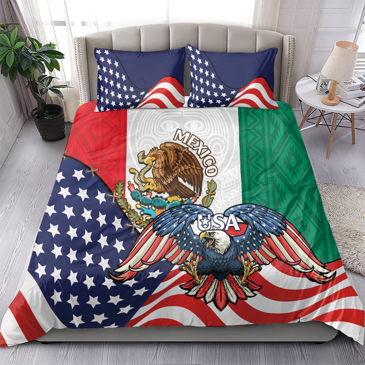 Duvet cover with eagle graphic, USA stars-and-stripes, and green side panel with matching pillows
