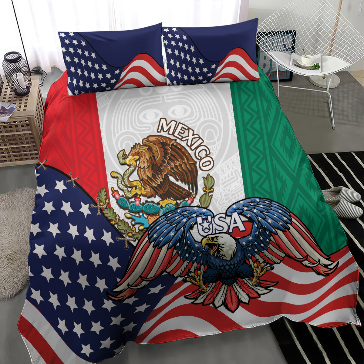 Eagle print bedding set on bed with USA stars-and-stripes and green-and-red sections