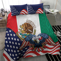 Eagle print bedding set on bed with USA stars-and-stripes and green-and-red sections