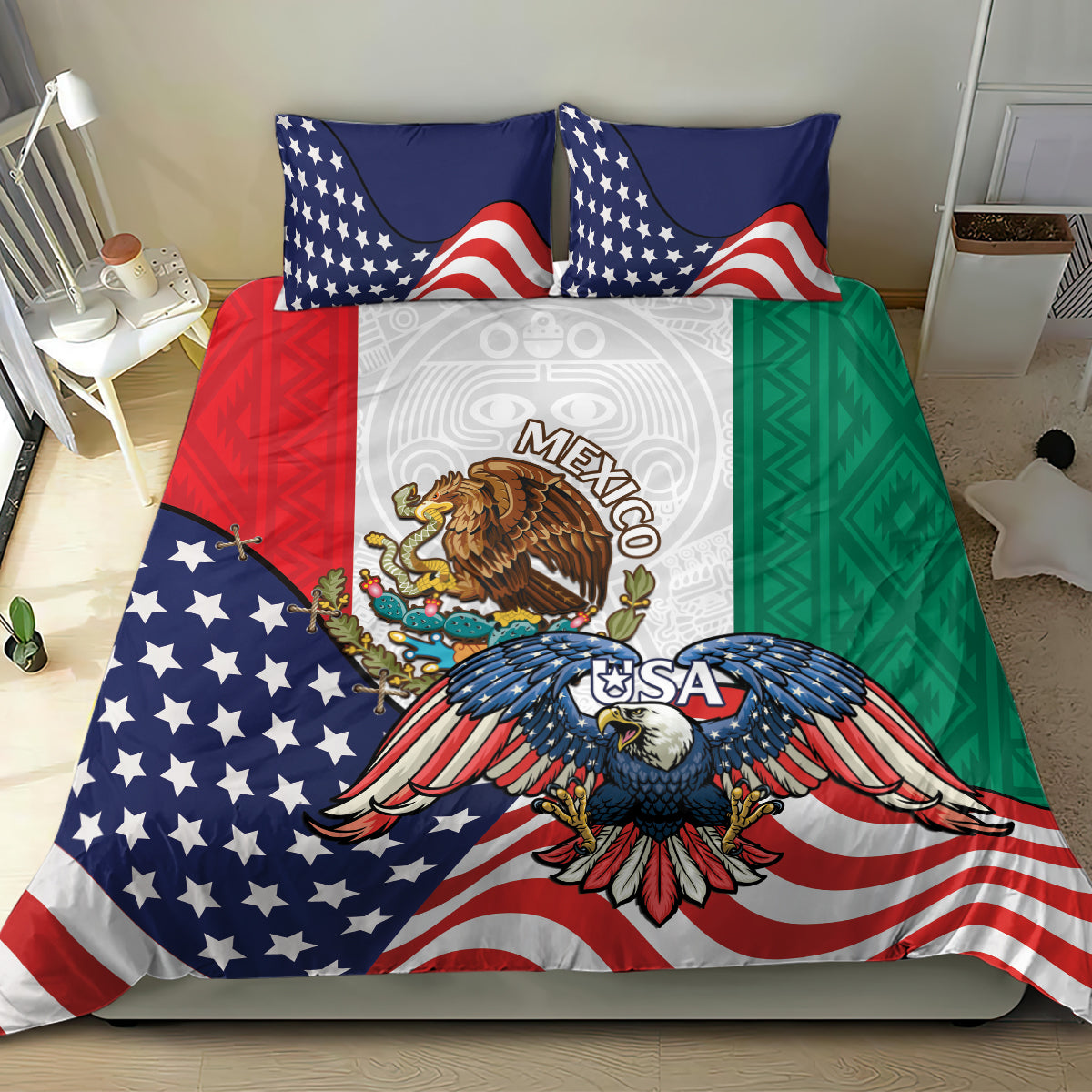 Bedding set with eagle artwork, USA stars, and red-and-white stripes on duvet and pillows