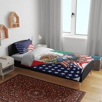 Bed bedding set featuring eagle artwork over USA stars-and-stripes on duvet and pillows