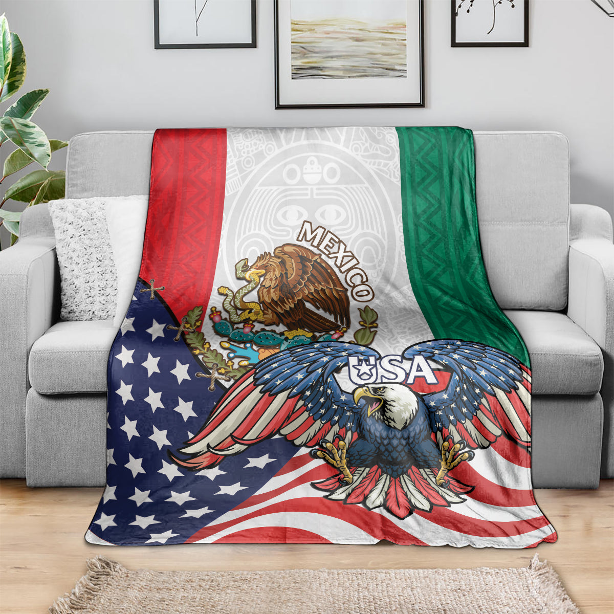 United States and Mexico eagle blanket spread on a gray sofa, red blue green