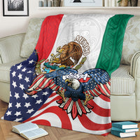 United States and Mexico eagle blanket on striped sofa, red and blue stars stripes
