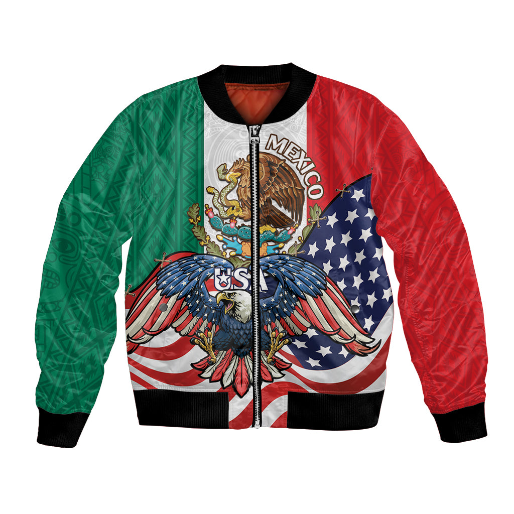 Unisex bomber jacket with USA eagle and Mexico crest on red, green, and blue panels