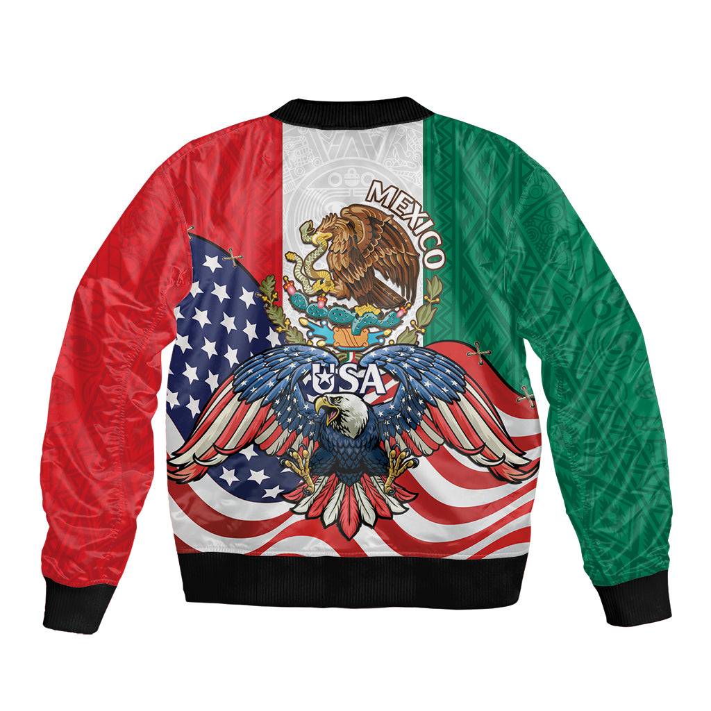 Unisex bomber jacket featuring USA eagle, Mexico crest, and flag graphics in red and green