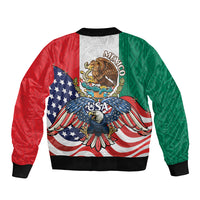 Unisex bomber jacket featuring USA eagle, Mexico crest, and flag graphics in red and green