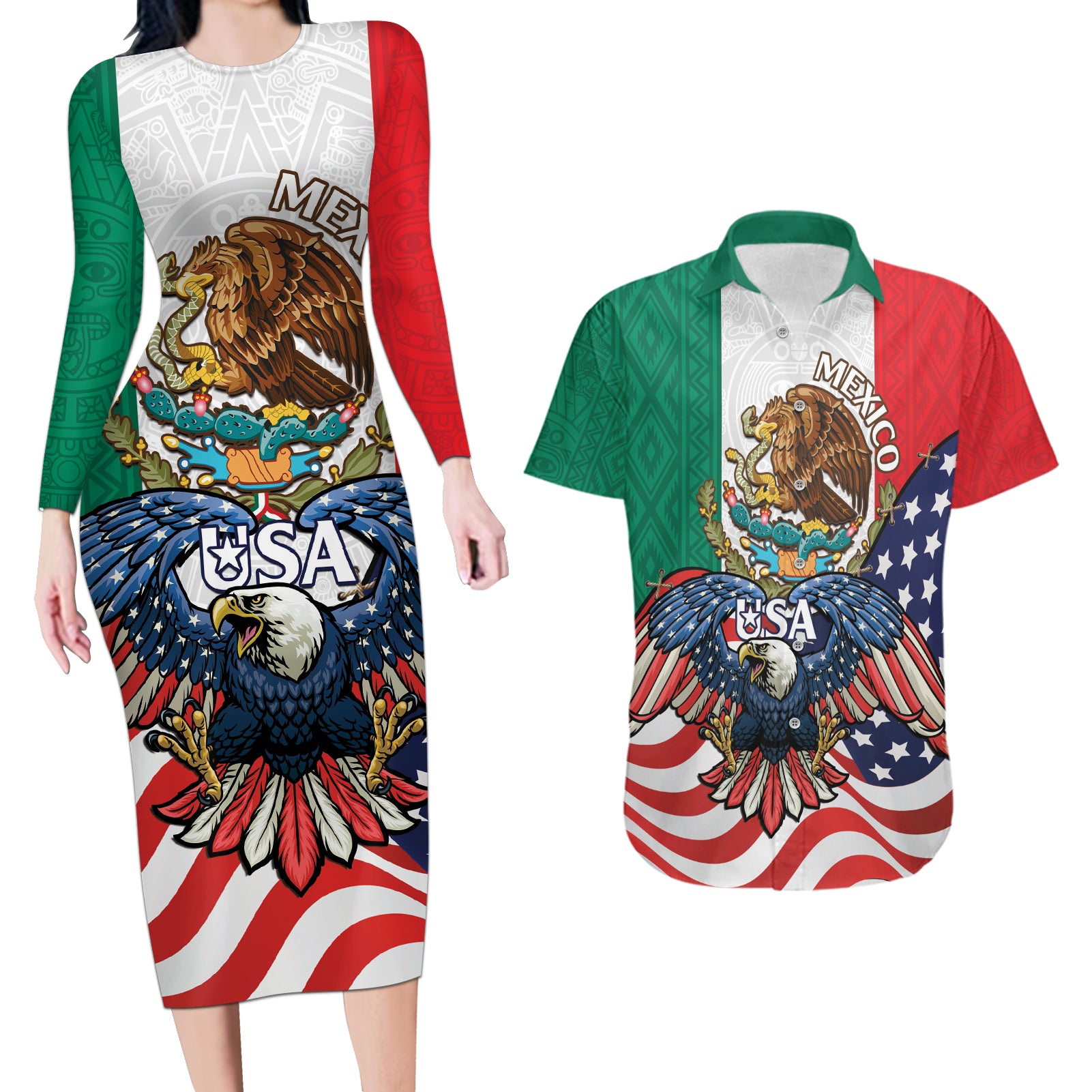 United States And Mexico Couples Matching Long Sleeve Bodycon Dress and Hawaiian Shirt USA Eagle With Mexican Aztec