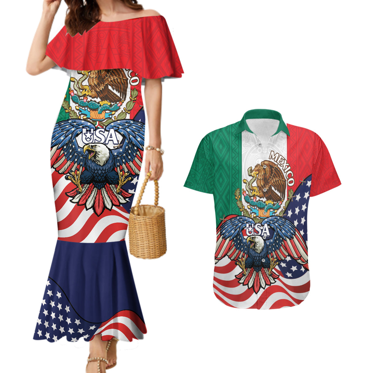 United States And Mexico Couples Matching Mermaid Dress and Hawaiian Shirt USA Eagle With Mexican Aztec