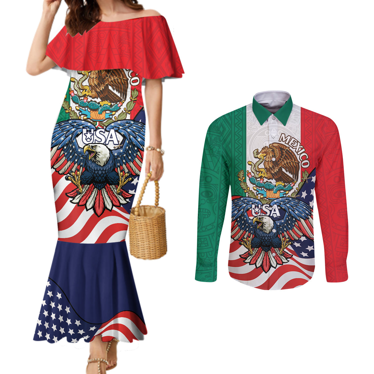 United States And Mexico Couples Matching Mermaid Dress and Long Sleeve Button Shirt USA Eagle With Mexican Aztec