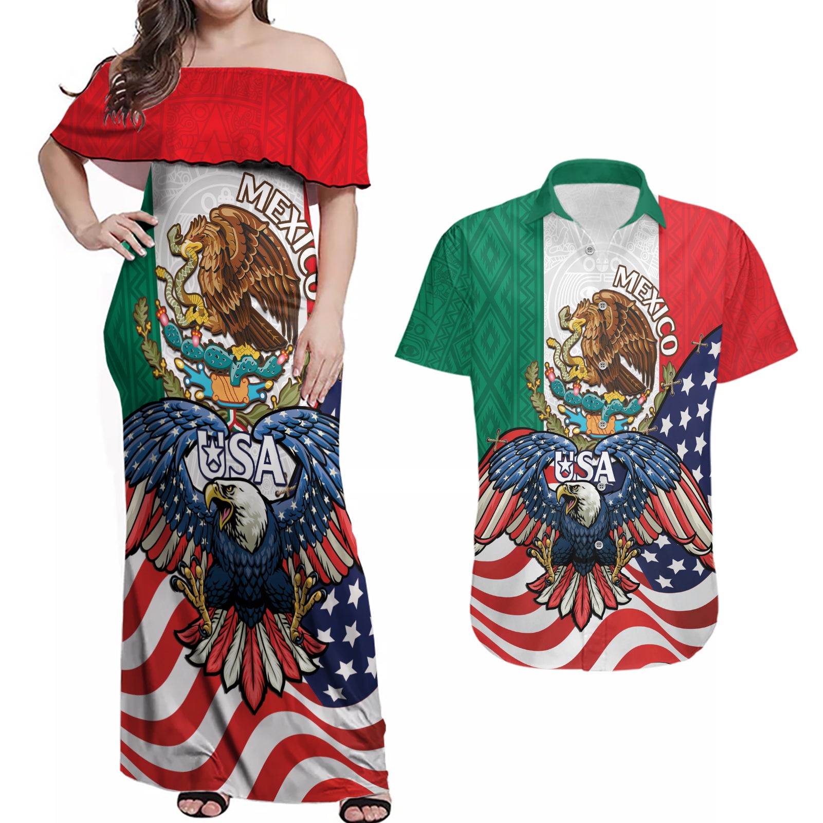 United States And Mexico Couples Matching Off Shoulder Maxi Dress and Hawaiian Shirt USA Eagle With Mexican Aztec