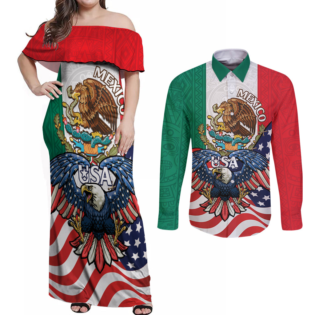 United States And Mexico Couples Matching Off Shoulder Maxi Dress and Long Sleeve Button Shirt USA Eagle With Mexican Aztec