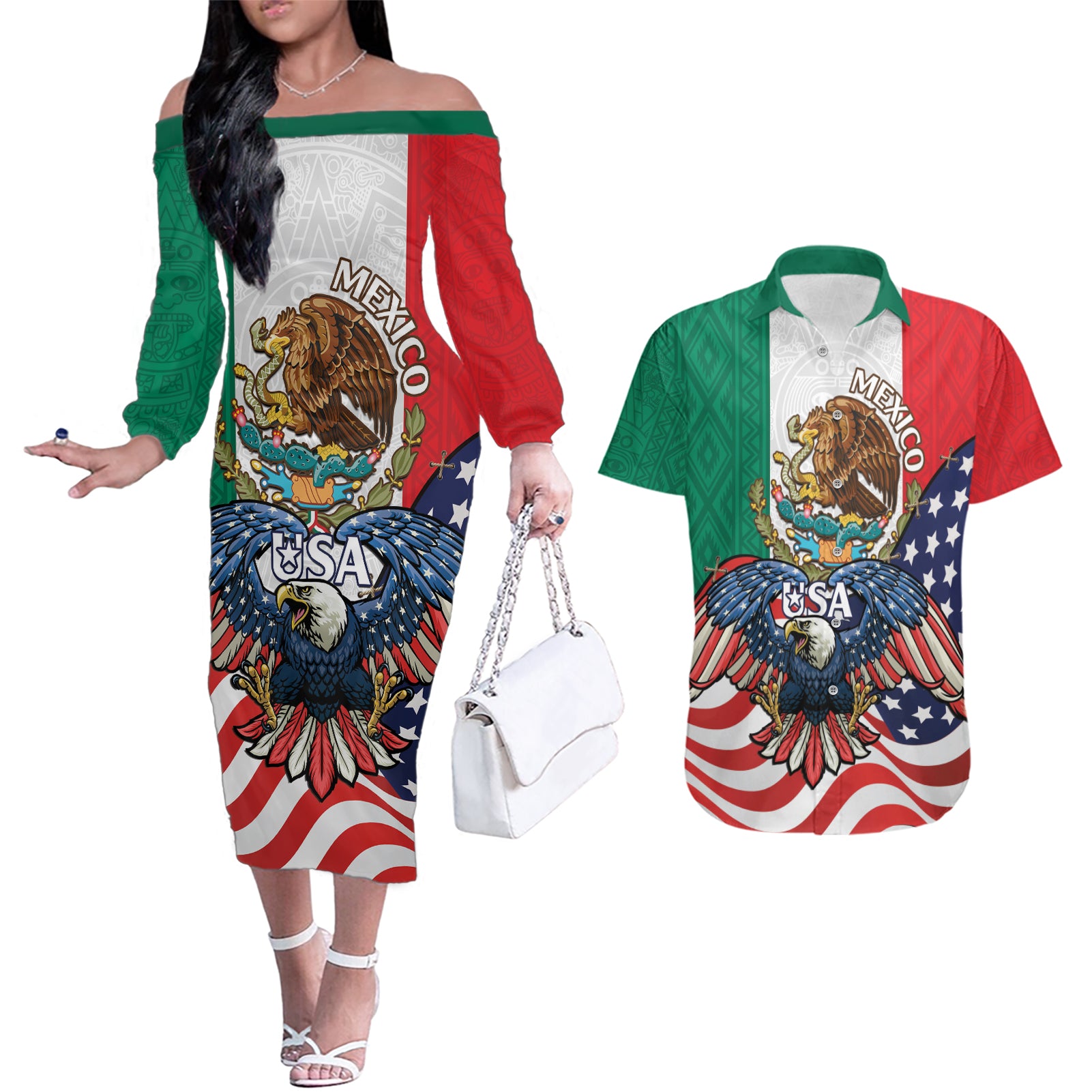 United States And Mexico Couples Matching Off The Shoulder Long Sleeve Dress and Hawaiian Shirt USA Eagle With Mexican Aztec