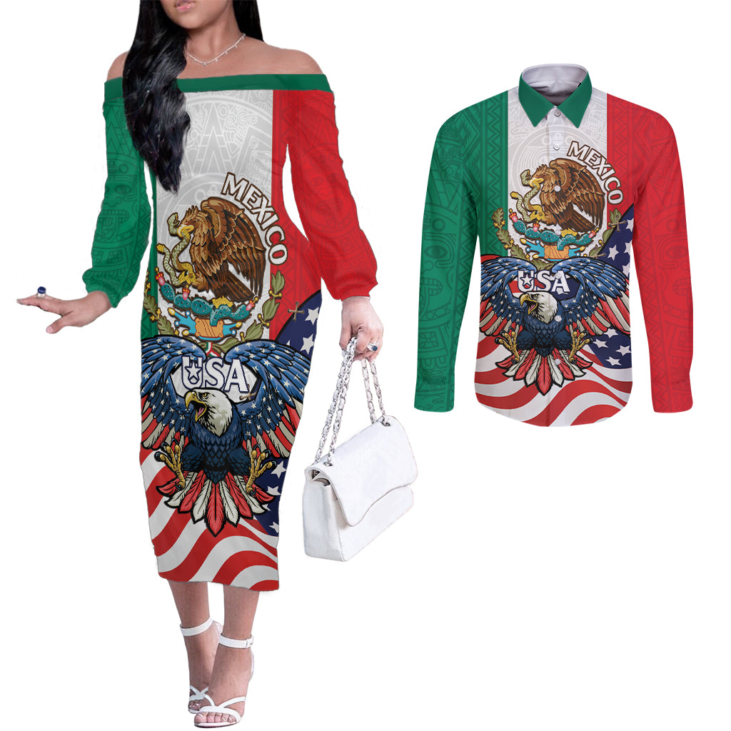 United States And Mexico Couples Matching Off The Shoulder Long Sleeve Dress and Long Sleeve Button Shirt USA Eagle With Mexican Aztec