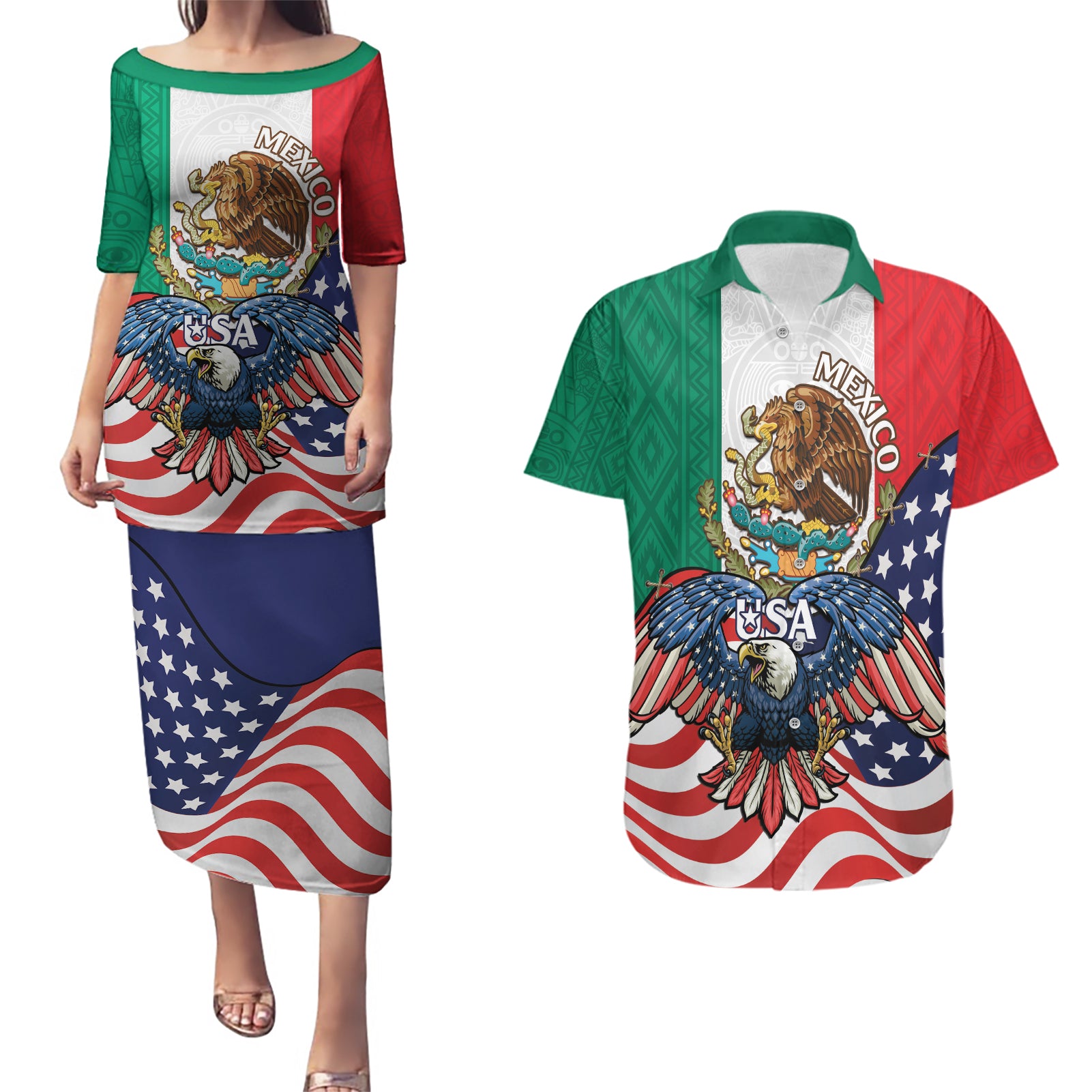 United States And Mexico Couples Matching Puletasi and Hawaiian Shirt USA Eagle With Mexican Aztec