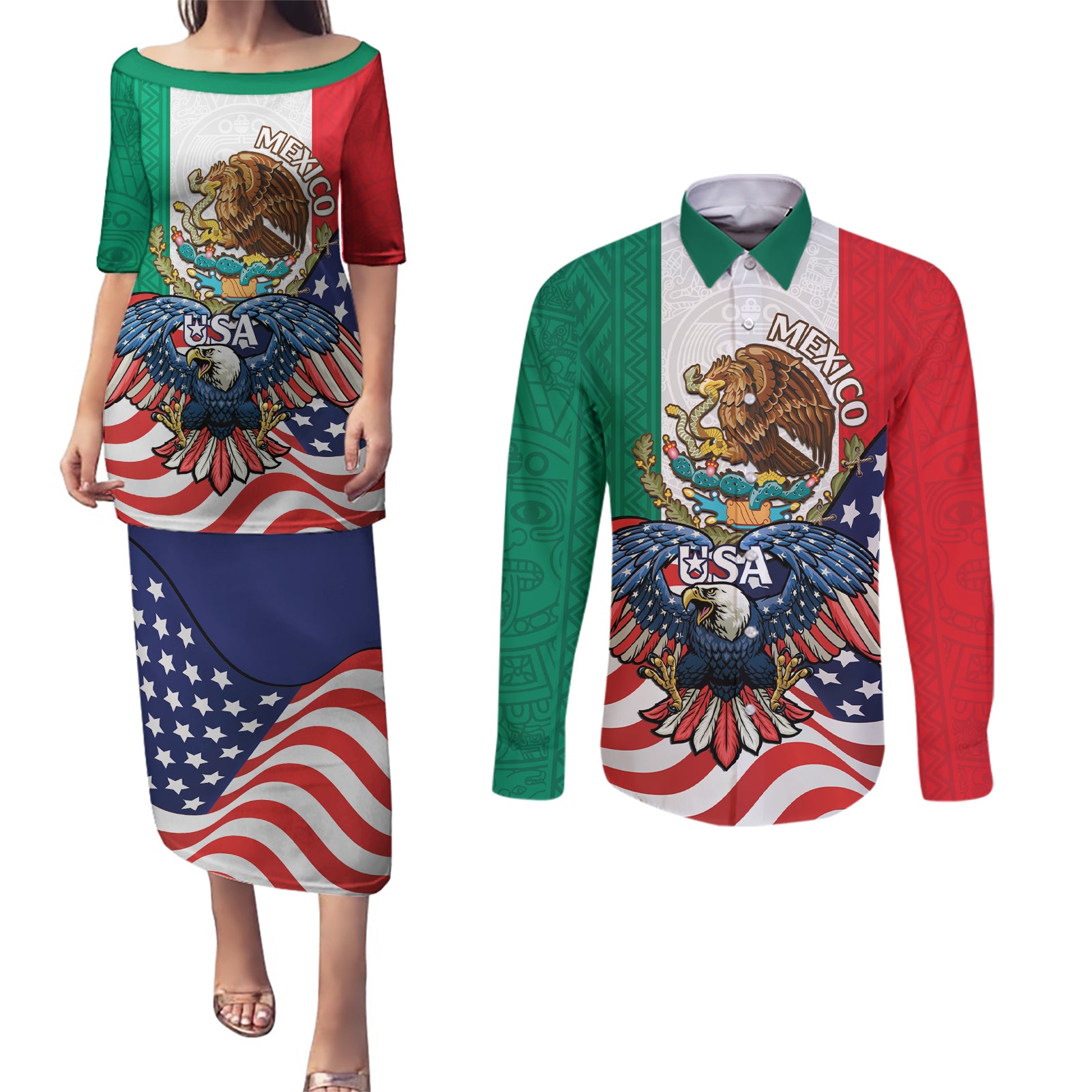 United States And Mexico Couples Matching Puletasi and Long Sleeve Button Shirt USA Eagle With Mexican Aztec