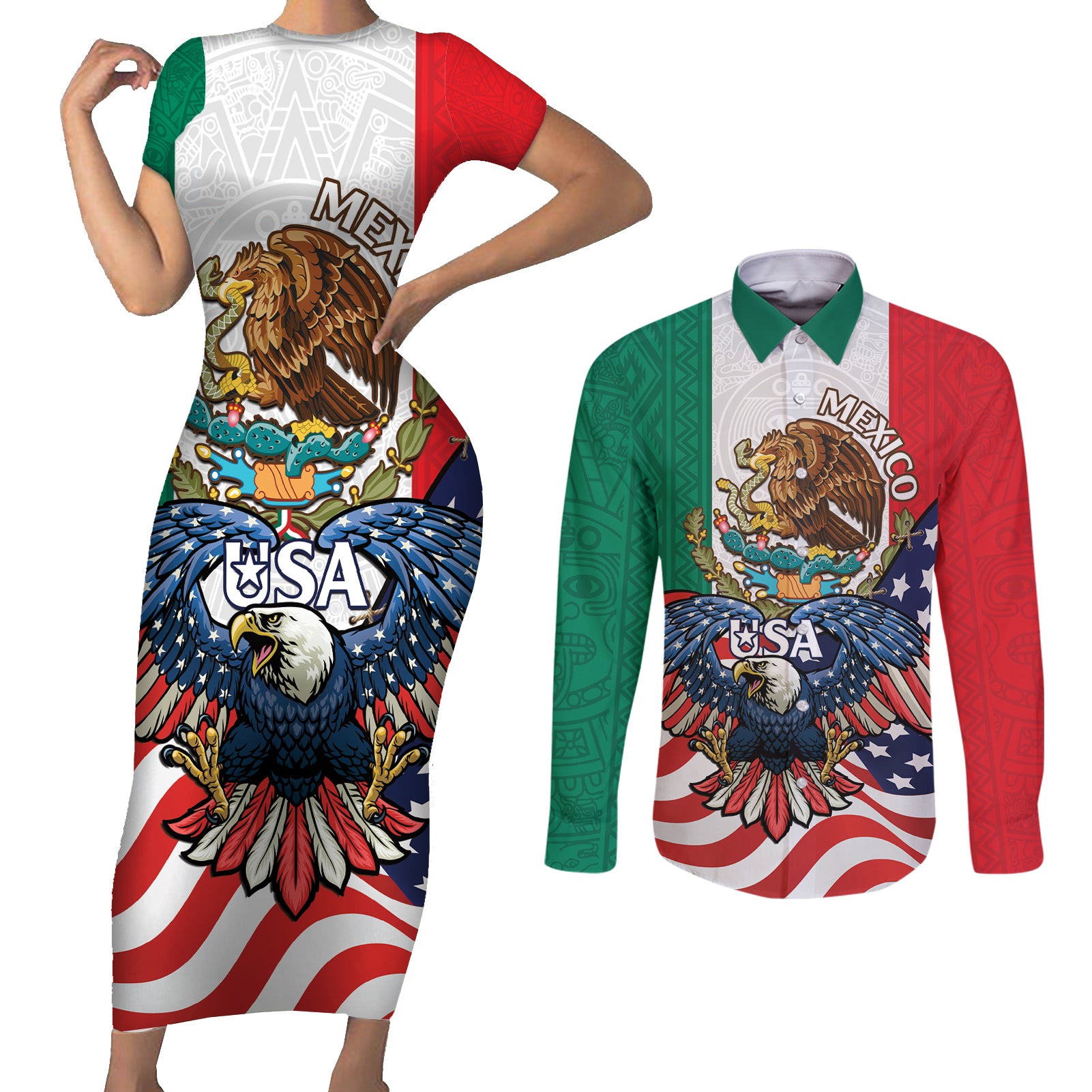 United States And Mexico Couples Matching Short Sleeve Bodycon Dress and Long Sleeve Button Shirt USA Eagle With Mexican Aztec