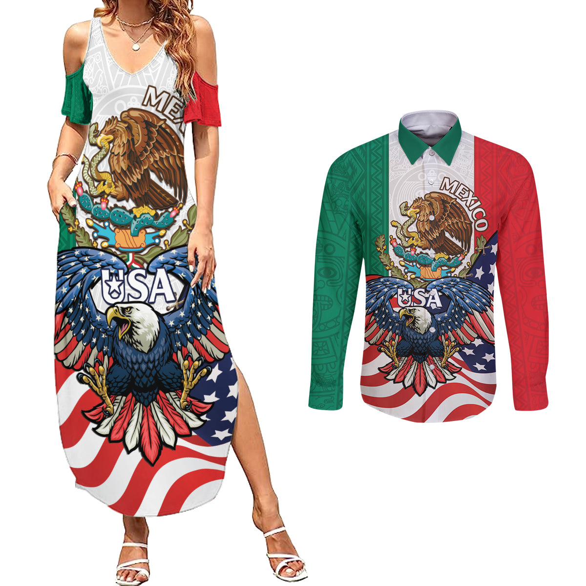 United States And Mexico Couples Matching Summer Maxi Dress and Long Sleeve Button Shirt USA Eagle With Mexican Aztec