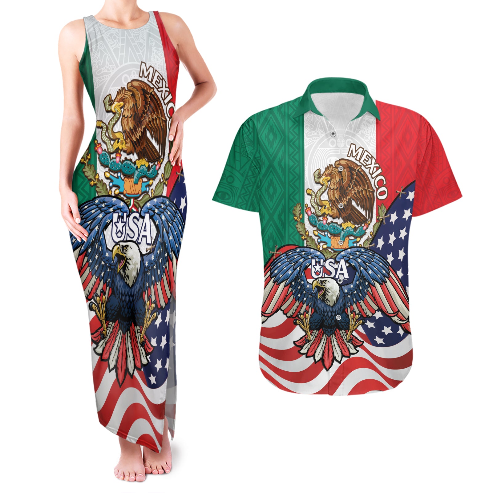 United States And Mexico Couples Matching Tank Maxi Dress and Hawaiian Shirt USA Eagle With Mexican Aztec